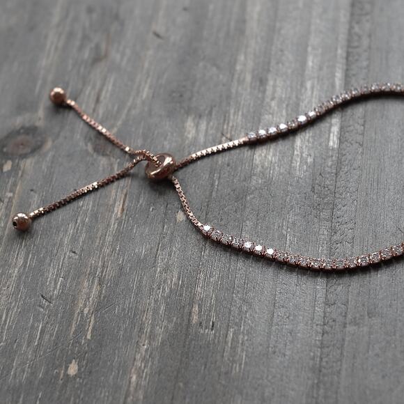 925 Sterling Silver Heart Bracelet Rose Gold Plated Adjustable Crystals Dainty - Picture 4 of 6